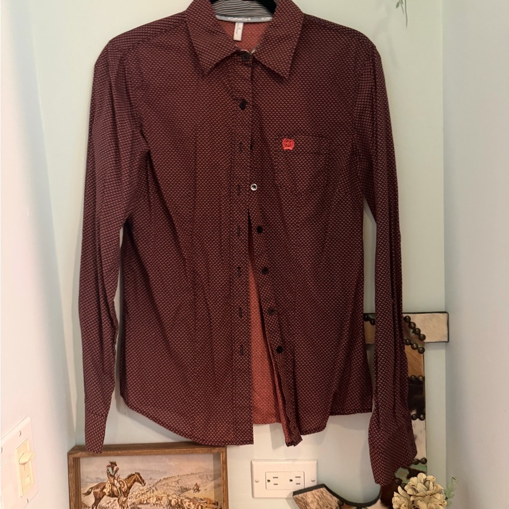 Women’s Long-Sleeve Red Patterned Button-Up Shirt